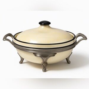 Vintage Fraunfelter Lusterware Casserole Dish Pearl Glaze & Metal Stand Art Deco